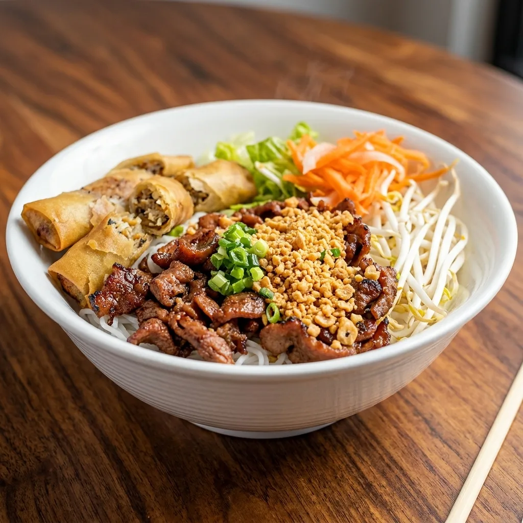 Vietnamese vermicelli bowl with charbroiled pork and spring rolls at Phuong Nam, Winnipeg
